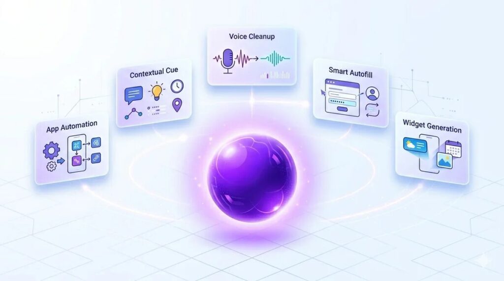 Gemini Intelligence 안드로이드 AI OS 5가지 변화 앱 자동화 Magic Cue Rambler 스마트 자동완성 Create My Widget 2026